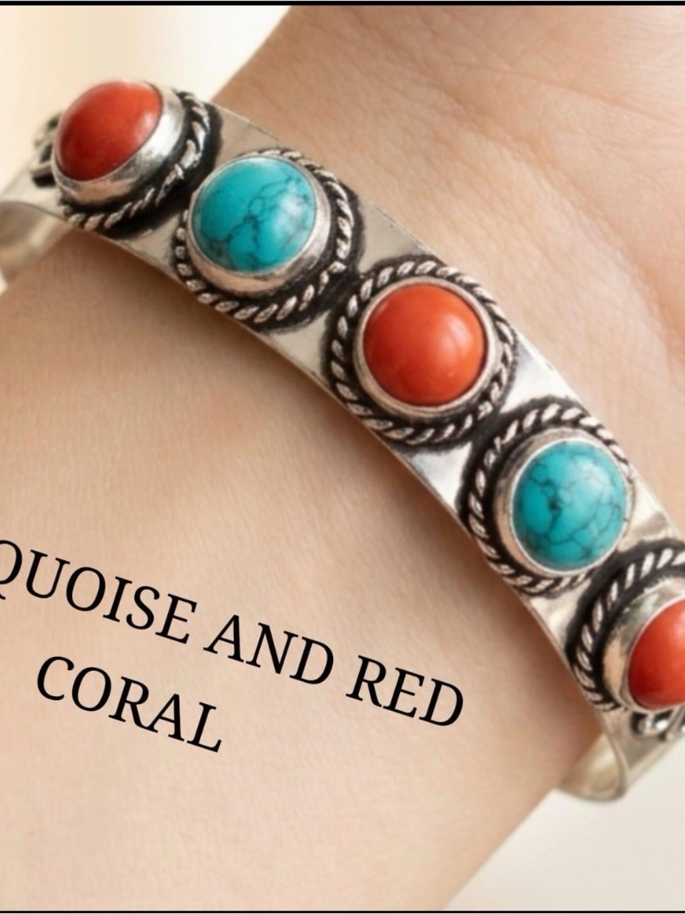 Silver Cuff Bracelet with Turquoise and Red Stone Accents - Picture 8 of 8